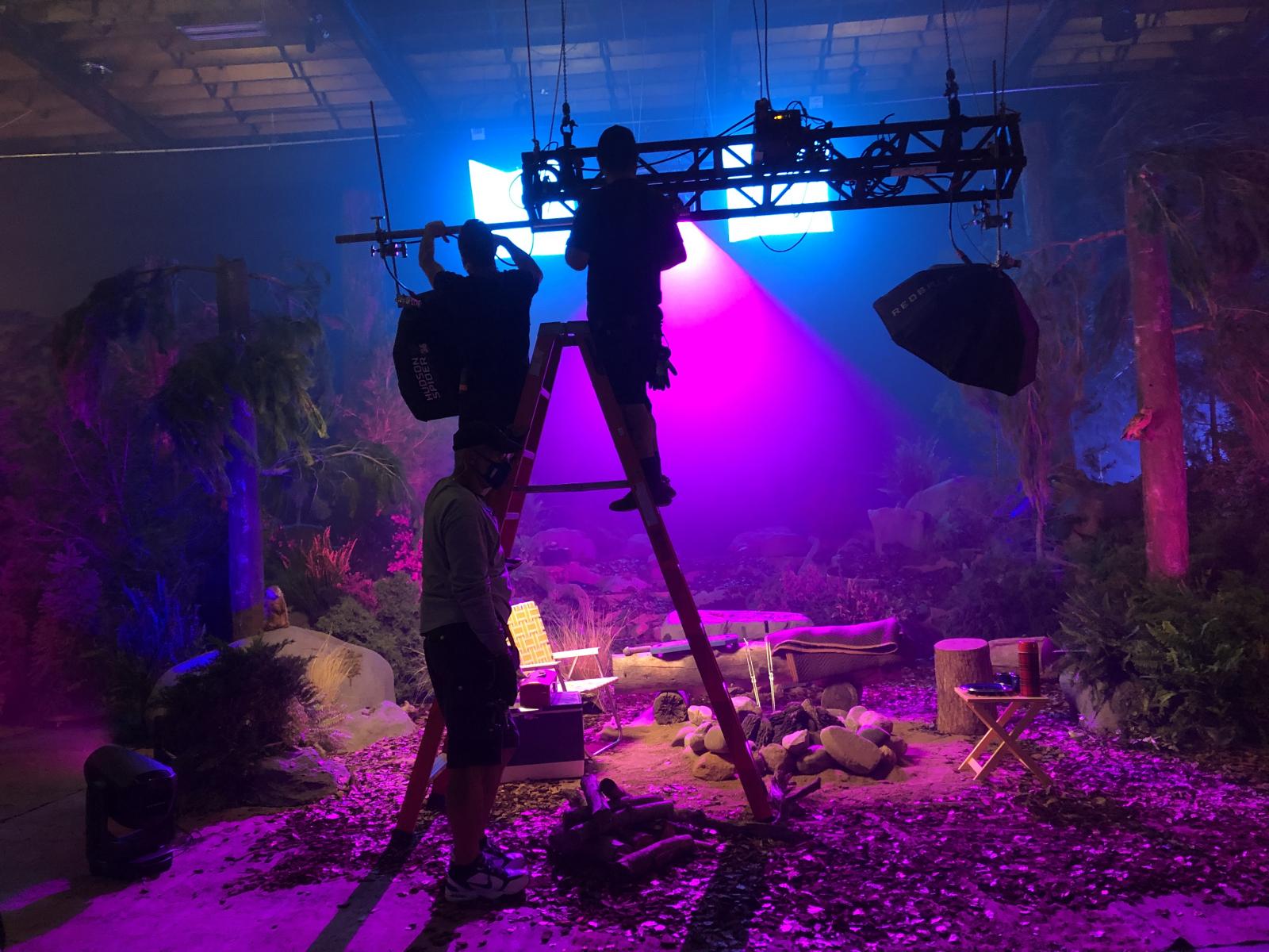 Pre-lighting the campfire set The Voice w/ Ariana Grande 
* Gaffer Mike Butler 
*Key Grip Perry Karidis
NBC Universal : Set Stills : Stephen Sheridan, Cinematographer | Hollywood CA